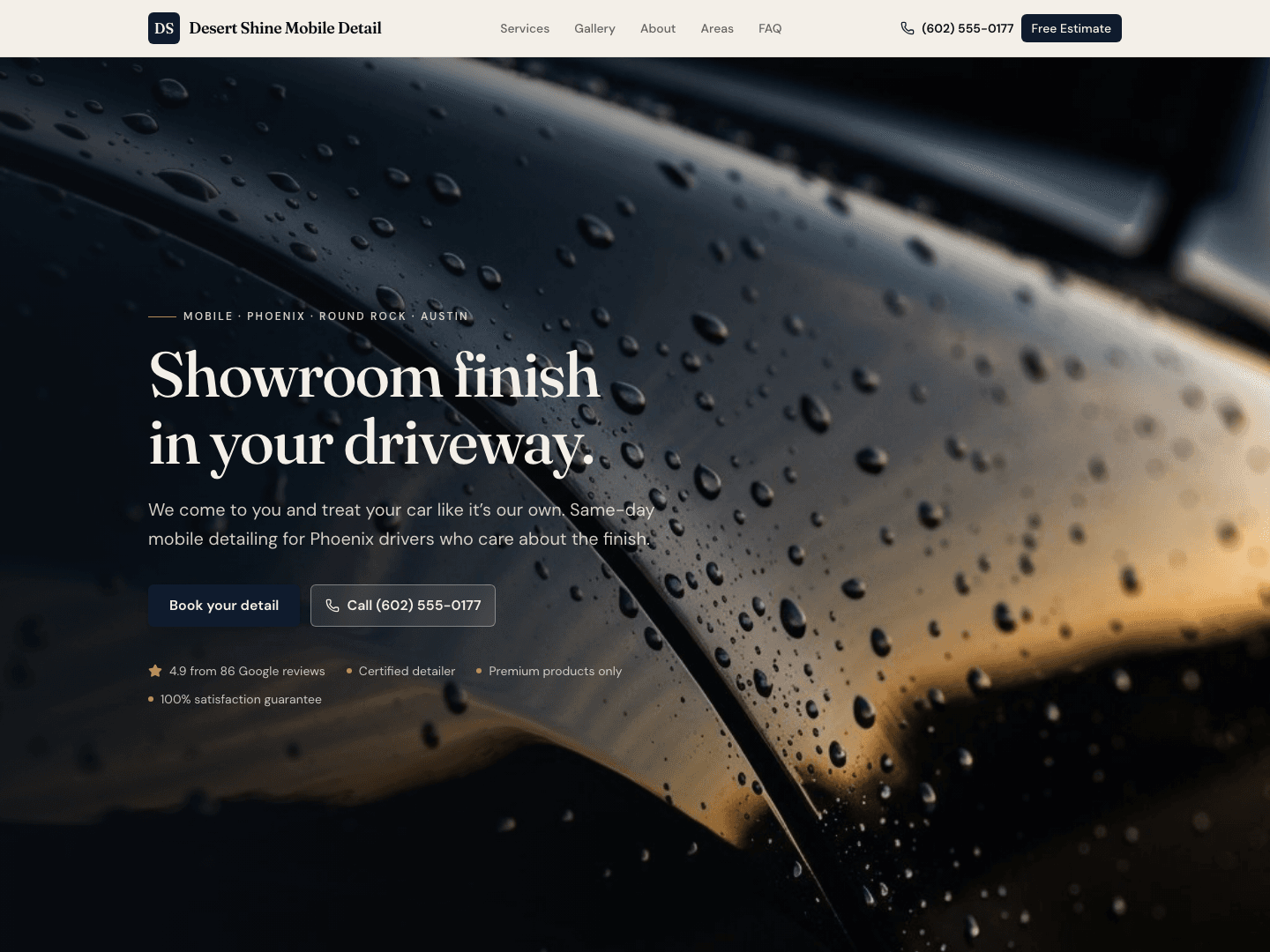 Mobile detailing website design mockup